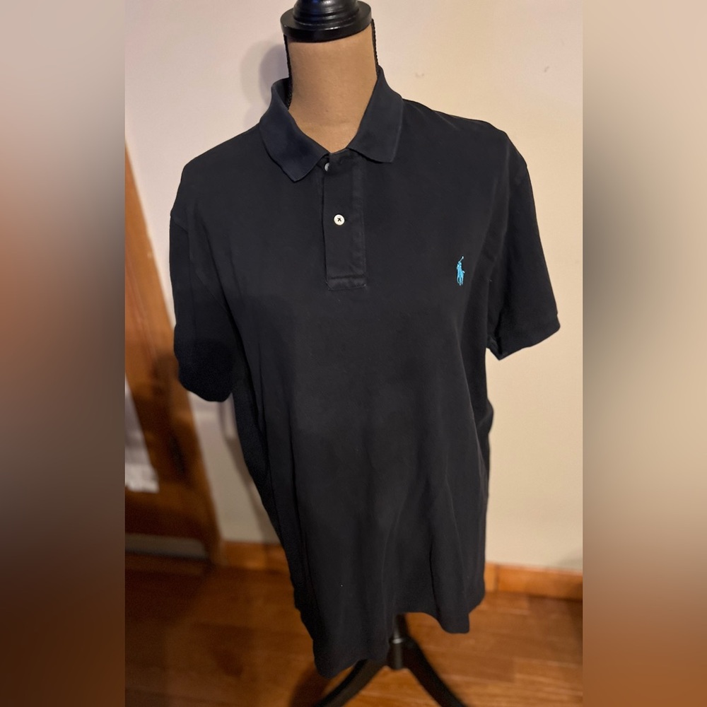 POLO BY RALPH LAUREN BLACK 100% COTTON MENS POLO, SIZE L, BLUE LOGO